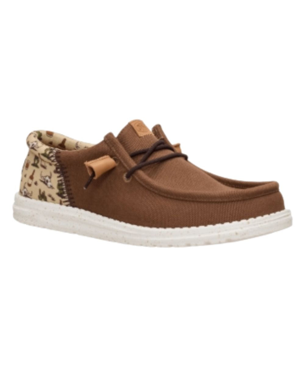 Right angled view of the men's wally funk shoe featuring partridge textile upper