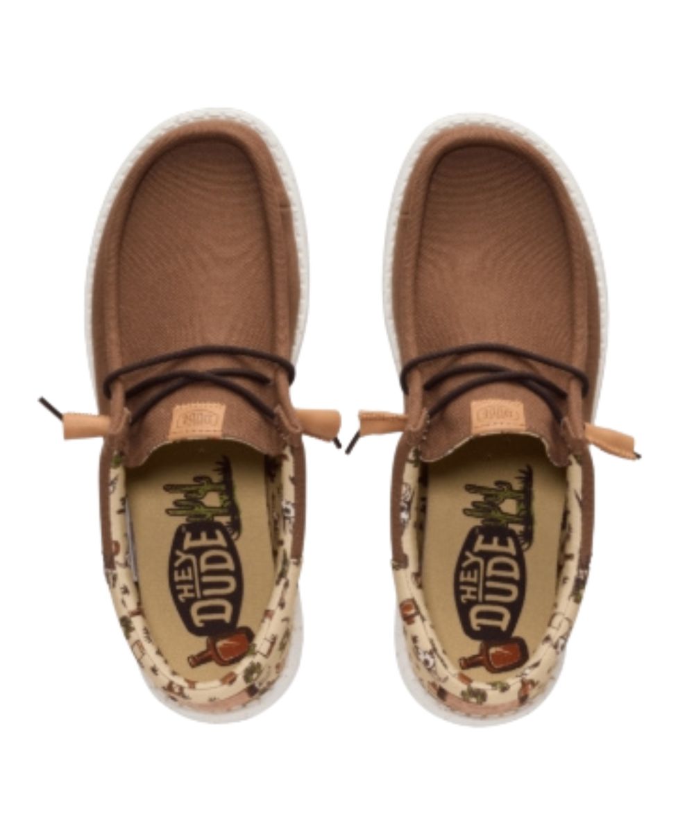 Aeriel view of the men's partridge wally funk shoe featuring moc toe, removable foam insole, and faux leather accents