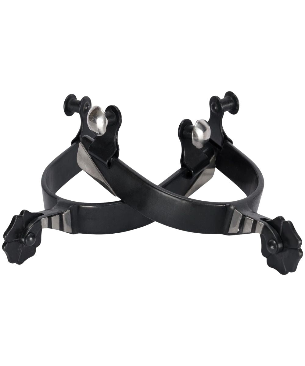 Side view of the women's black steel spurs featuring a cloverleaf rowel