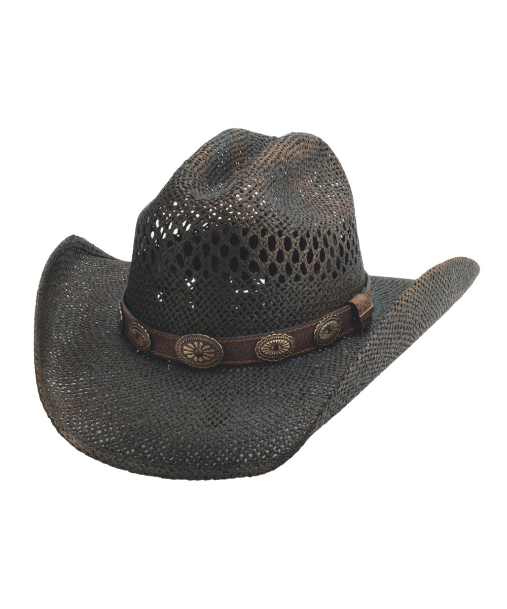 Dark brown cowboy hat with a decorative band on a white background