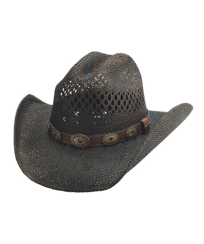 Dark brown cowboy hat with a decorative band on a white background