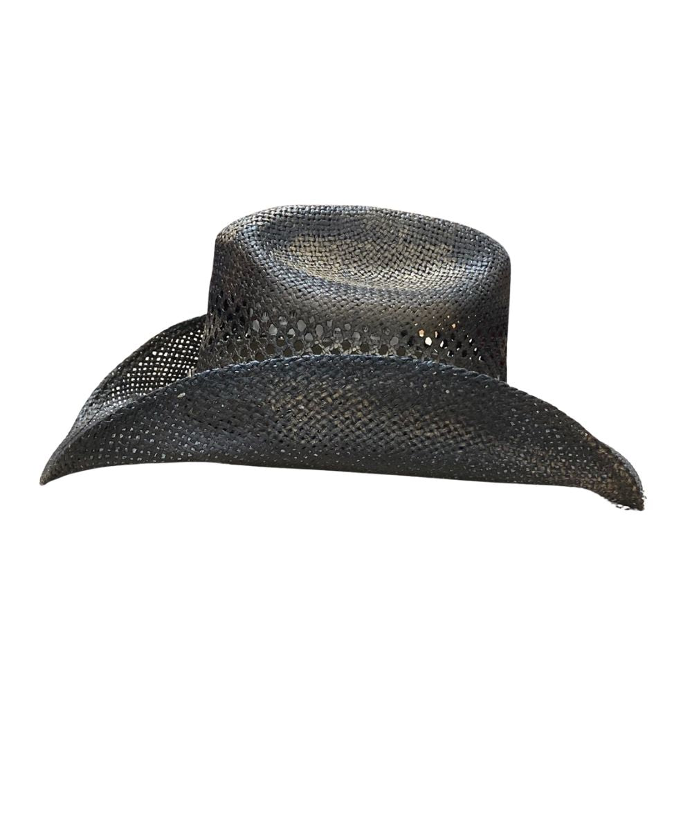 Dark brown cowboy hat with a decorative band on a white background