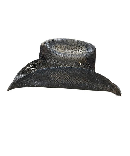 Dark brown cowboy hat with a decorative band on a white background