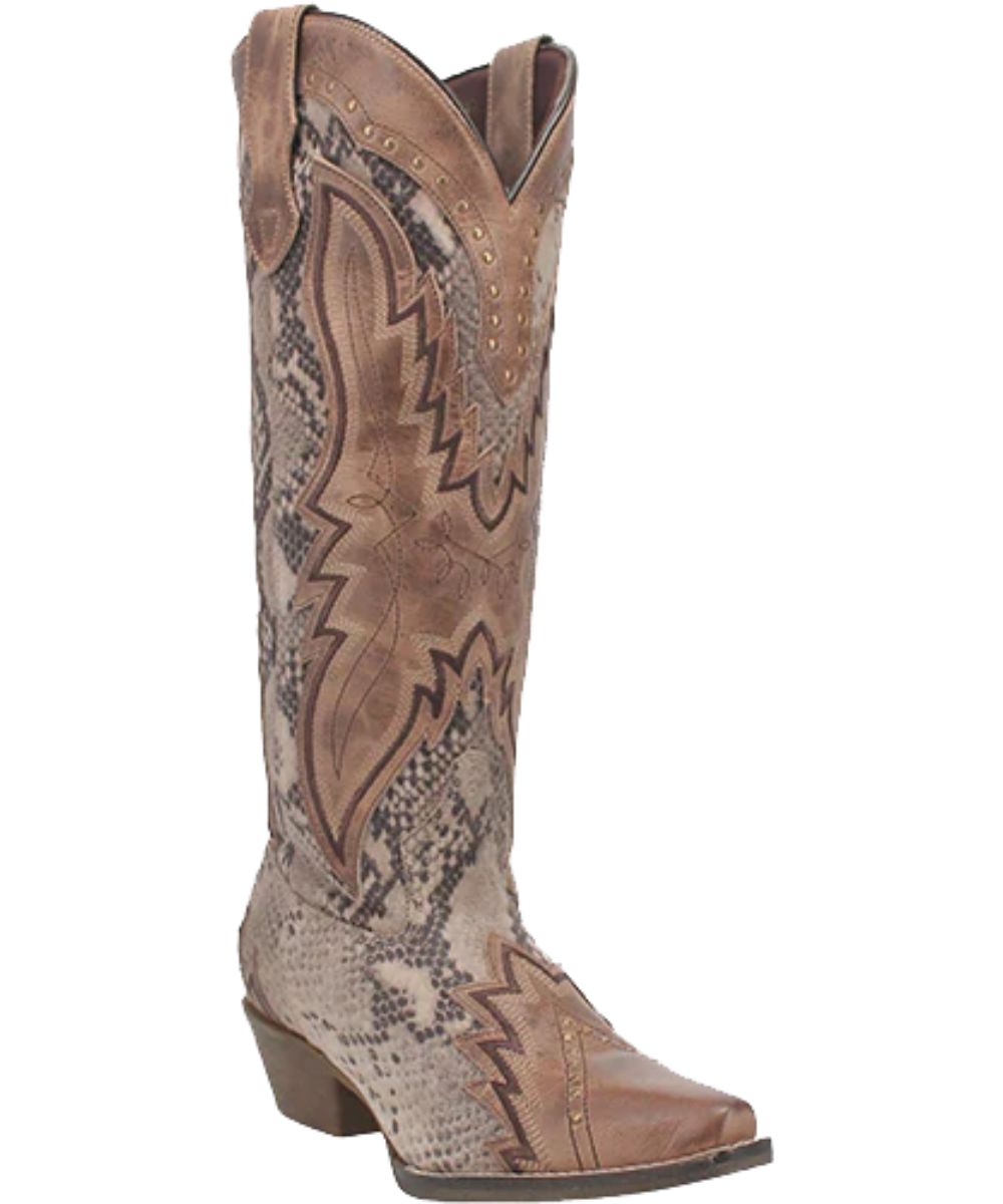 Women's 15" Tan Leather Fashion Boot Featuring Snake Print Inlays And Gold Rivet Accents