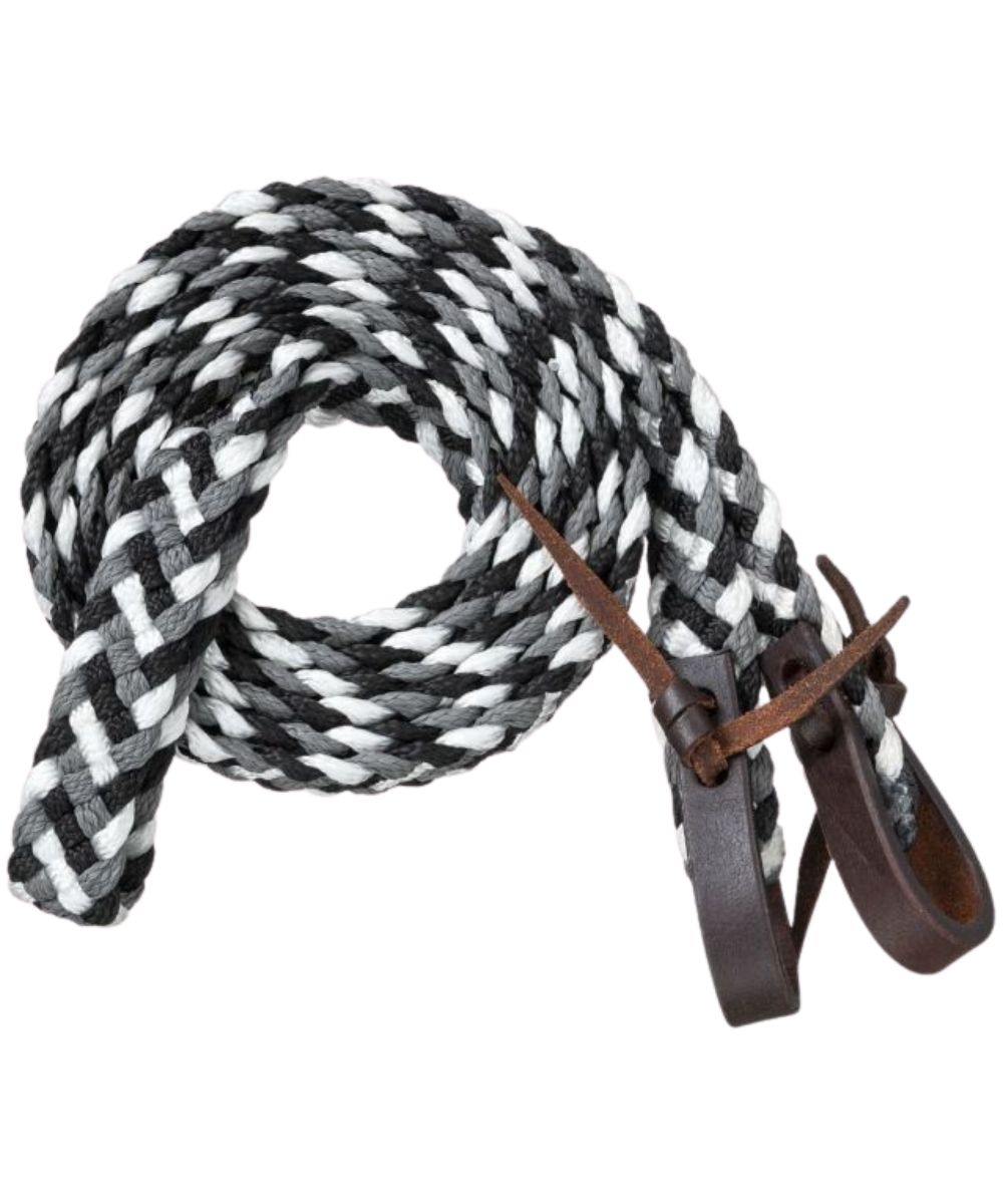 Tough1 hand-braided poly reins are fully adjustable with waterloop bit ends, in black/grey/white