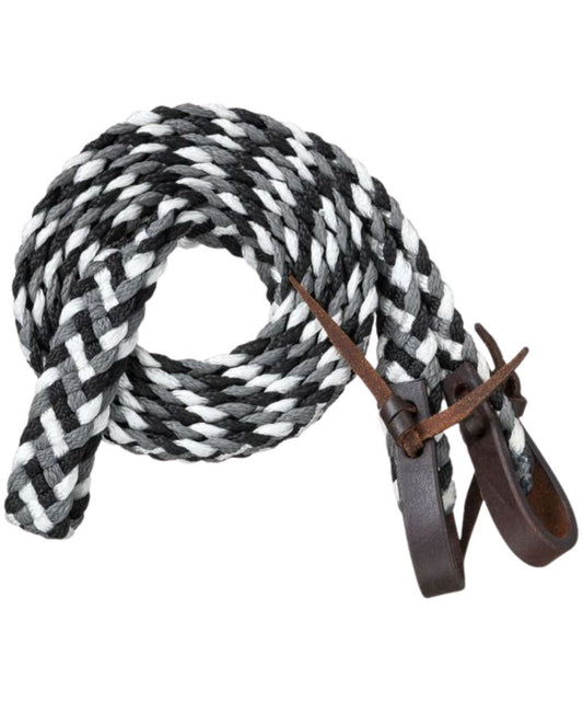Tough1 hand-braided poly reins are fully adjustable with waterloop bit ends, in black/grey/white