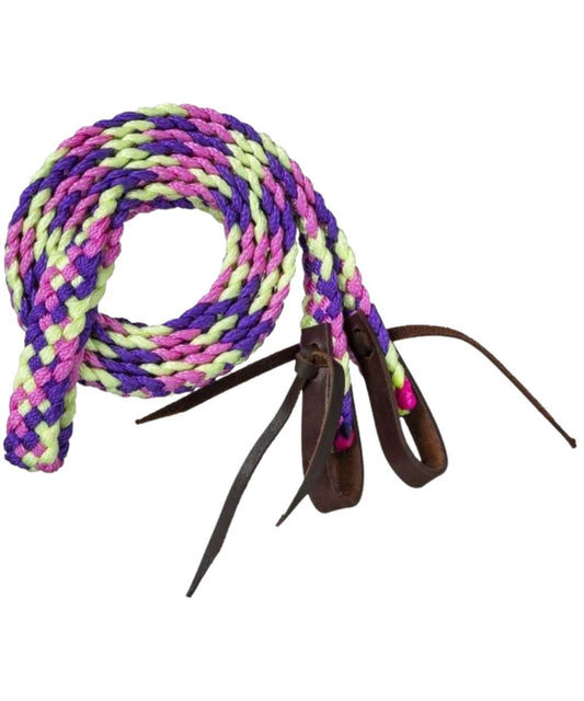 Tough1 hand-braided poly reins are fully adjustable with waterloop bit ends, in pink/purple/celery