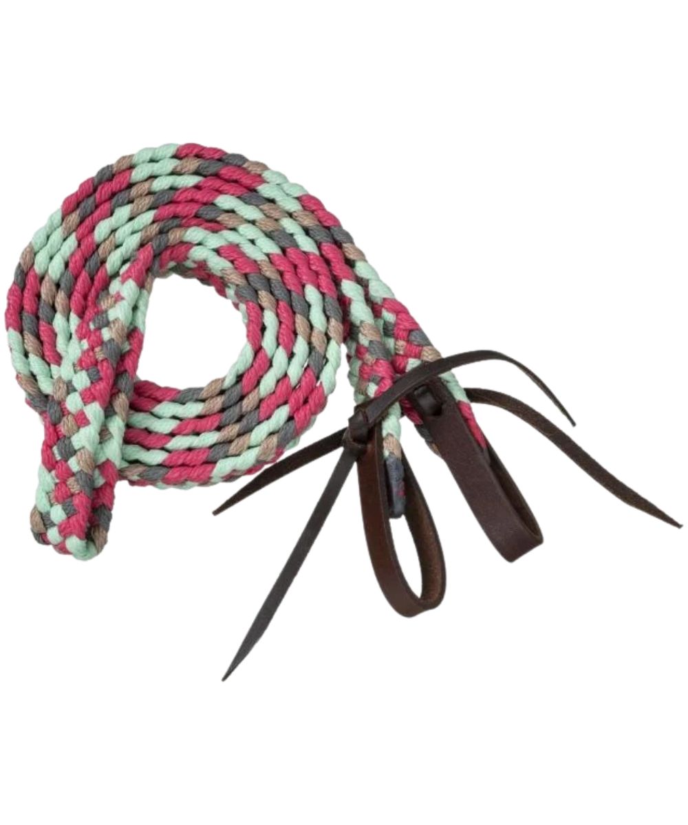 Tough1 hand-braided poly reins are fully adjustable with waterloop bit ends, in seafoam/coral/gray/tan