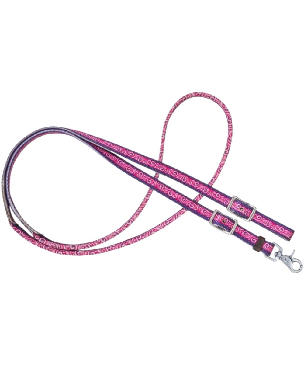 Tough1 purple tooled nylon rolled reins with conway buckles and scissor snap end for easy leading
