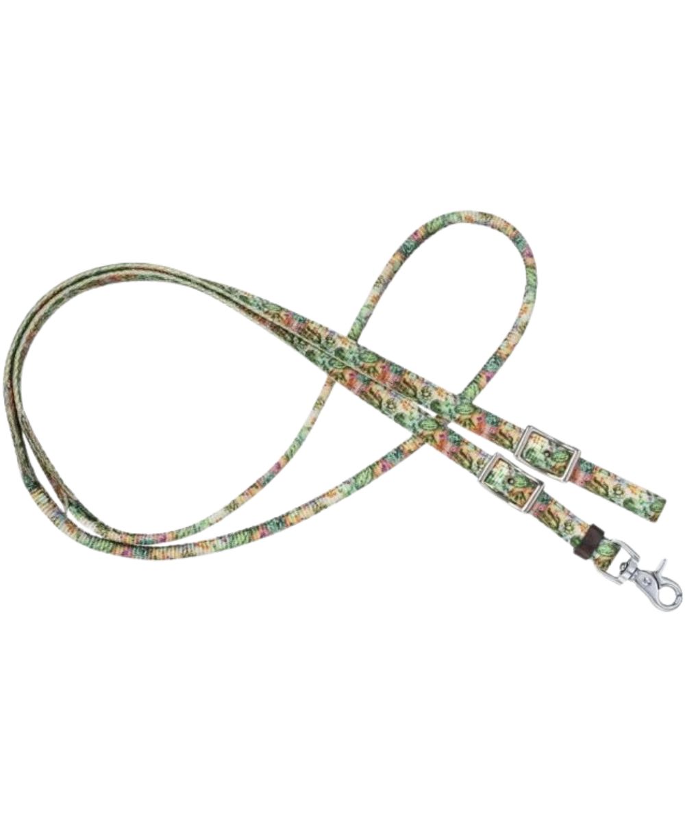 Tough1 Cactus Nylon Rolled Reins featuring the cactus print, conway style buckles, a rolled center, and a scissor snap on one end for easy leading
