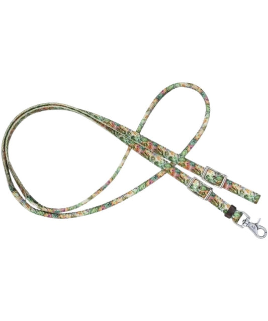 Tough1 Cactus Nylon Rolled Reins featuring the cactus print, conway style buckles, a rolled center, and a scissor snap on one end for easy leading