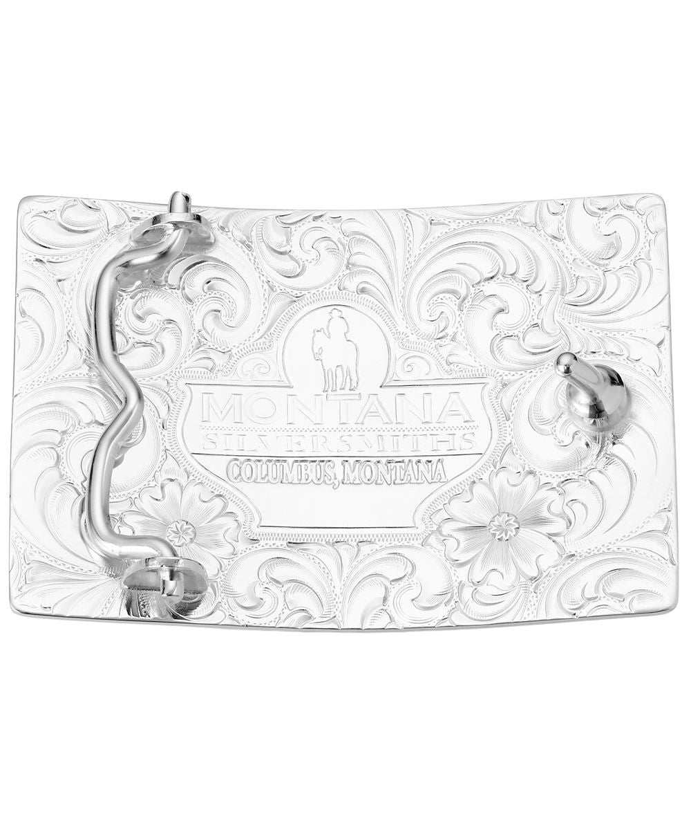Back view of the silver belt buckle featuring the 1.5" belt swivel and logo engraving