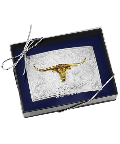 Boxed view of the silver open country with longhorn belt buckle