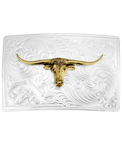 Front view of the silver square belt buckle featuring the gold sculpted longhorn figure in the center