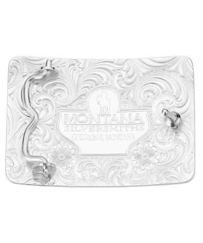 Back view of the men's silver belt buckle featuring the 1.5" belt swivel and logo engraving