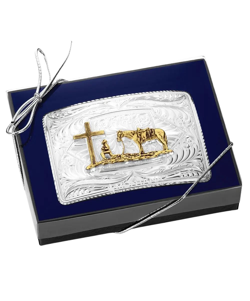 Boxed view of the men's western standard buckle with praying cowboy
