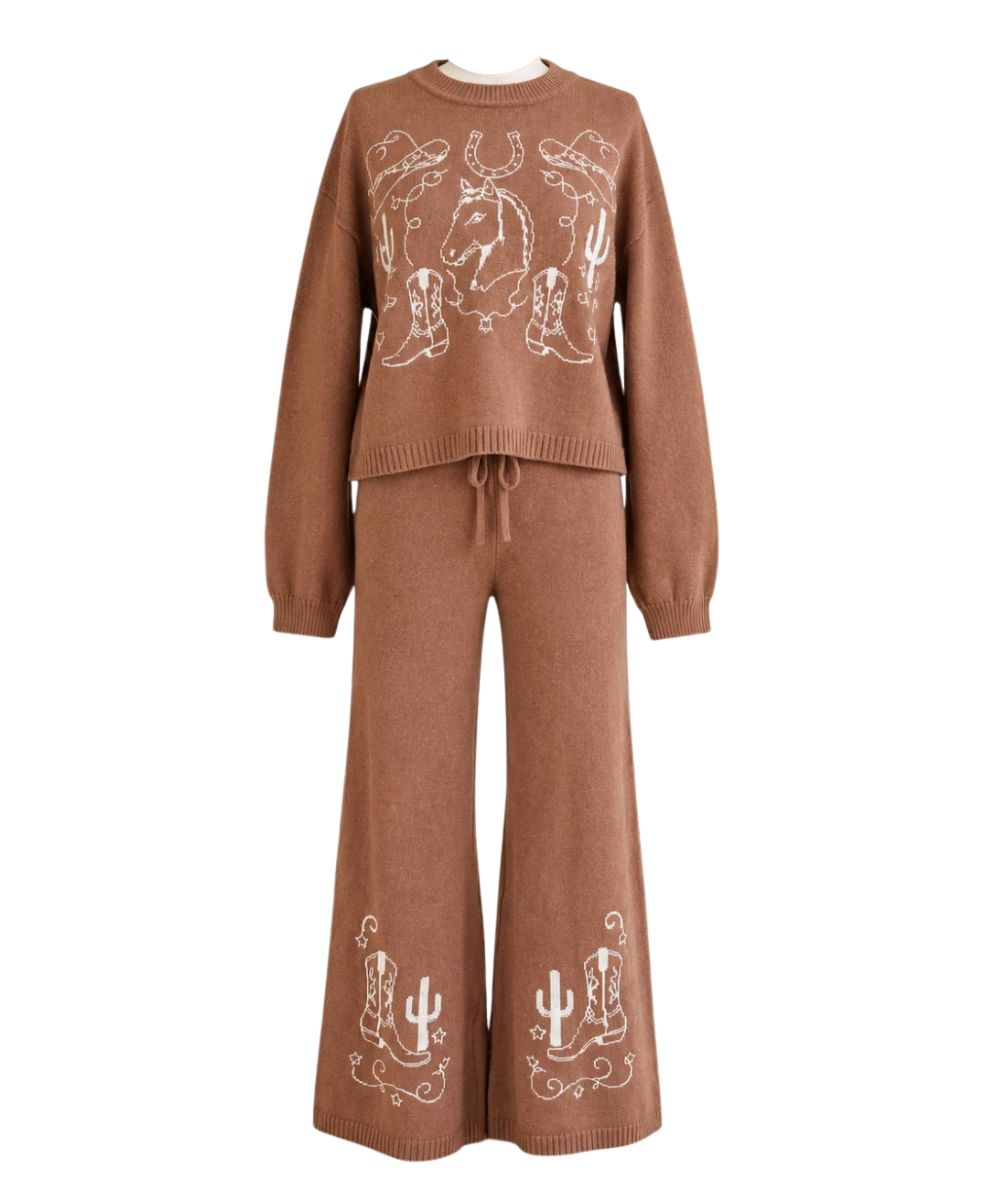 The mocha brown Blue B women's outfit set featuring the matching sweater with western embroidered motifs