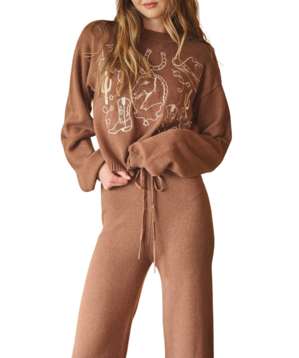 Front view of the women's mocha/brown Blue B cotton/wool relaxed long sleeve sweater featuring the western-inspired embroidery on the front