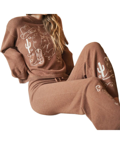 Women's mocha brown long sleeve sweater featuring the round neckline and ribbed trim, with slightly cropped length