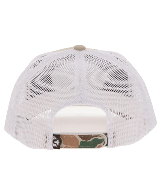 Back view of the white mesh back featuring the 5 panel construction, mid-profile fit, an adjustable snapback closure, and one size fits most
