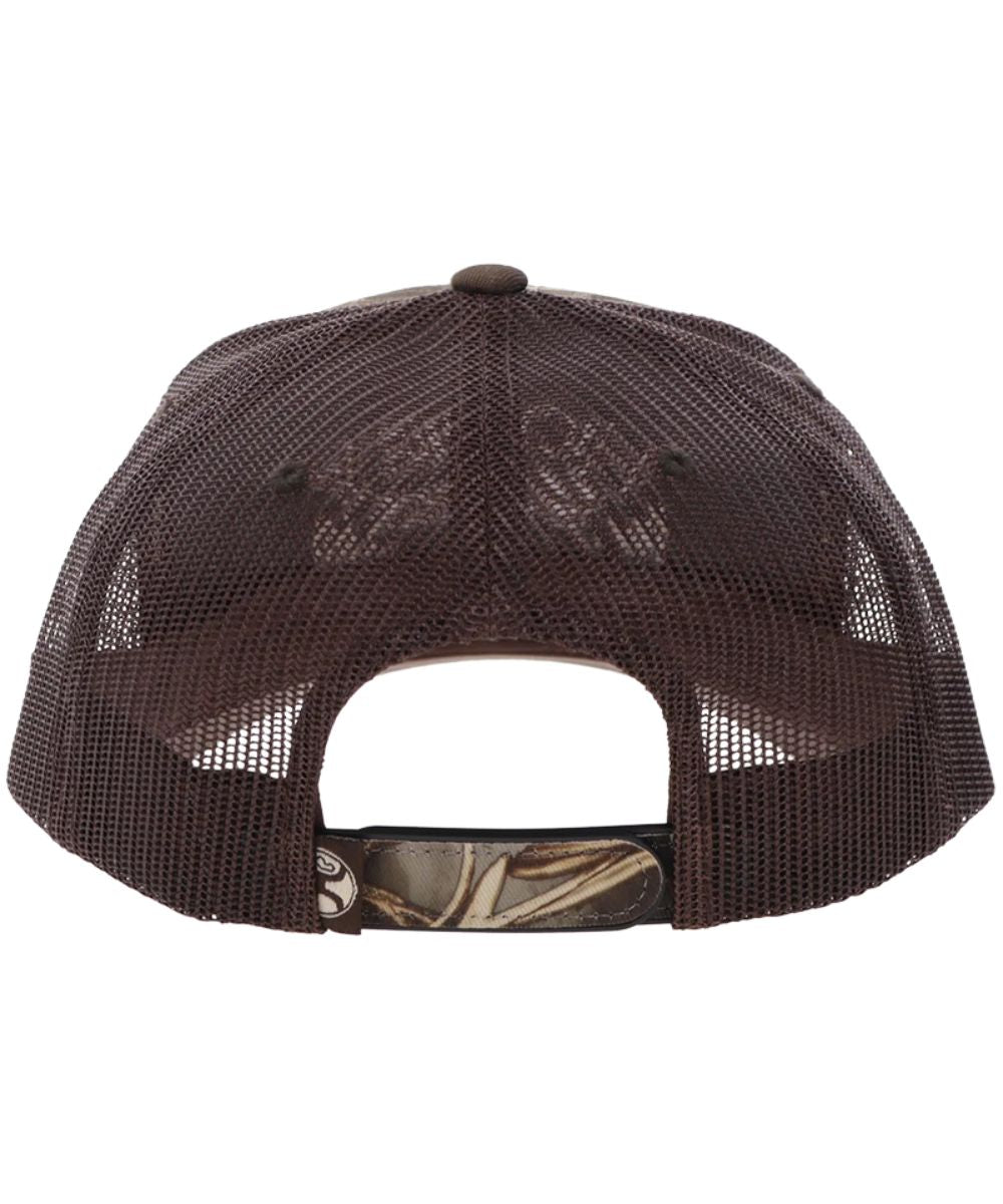 Back view of the brown mesh back featuring the adjustable snapback closure, one size fits most