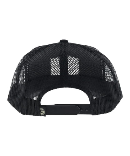 Back view of the black mesh back featuring the adjustable snapback closure, one size fits most