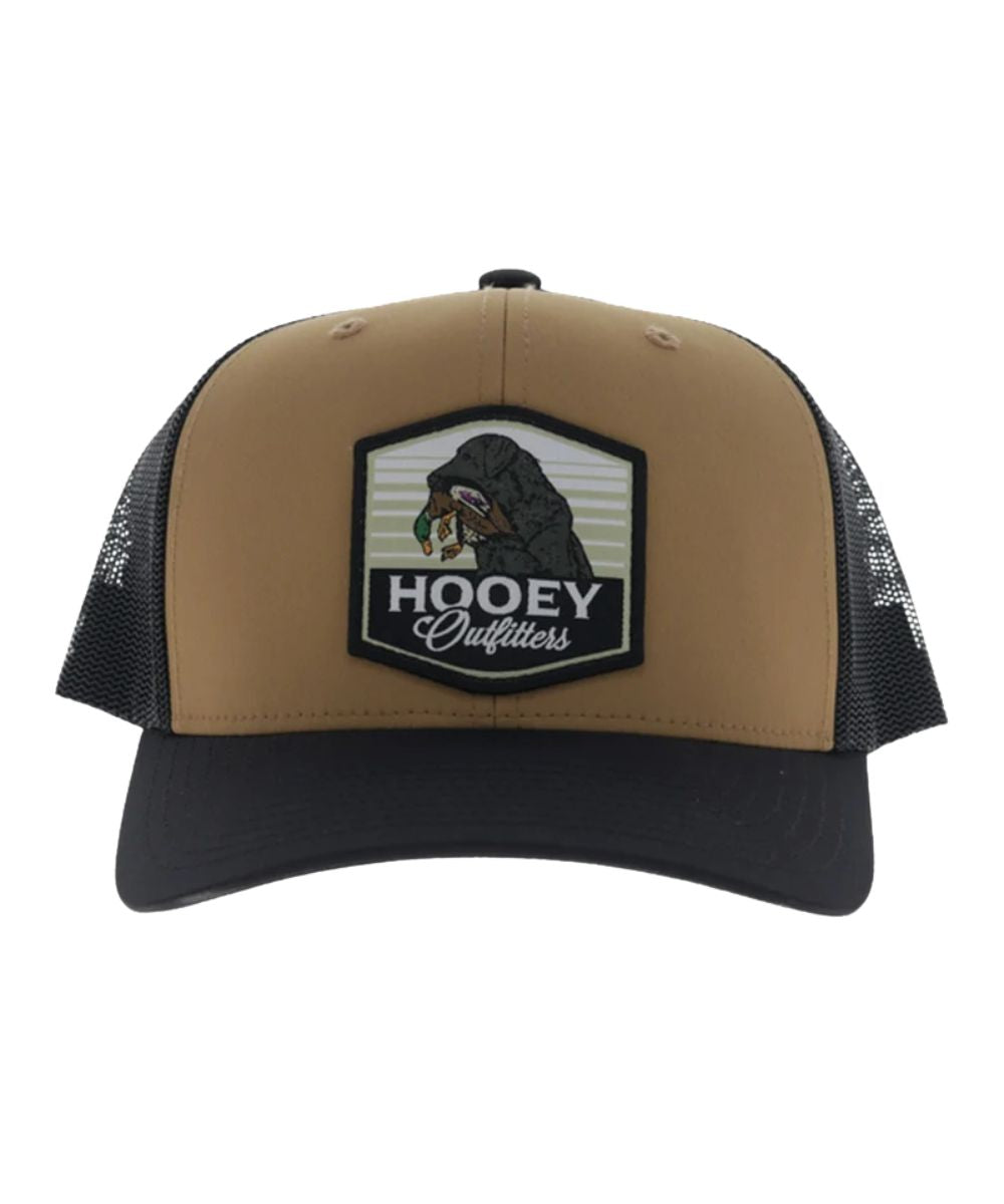 Front view of the tan and black toller cap featuring the 6 panel construction, high-profile fit, and odessa fabric