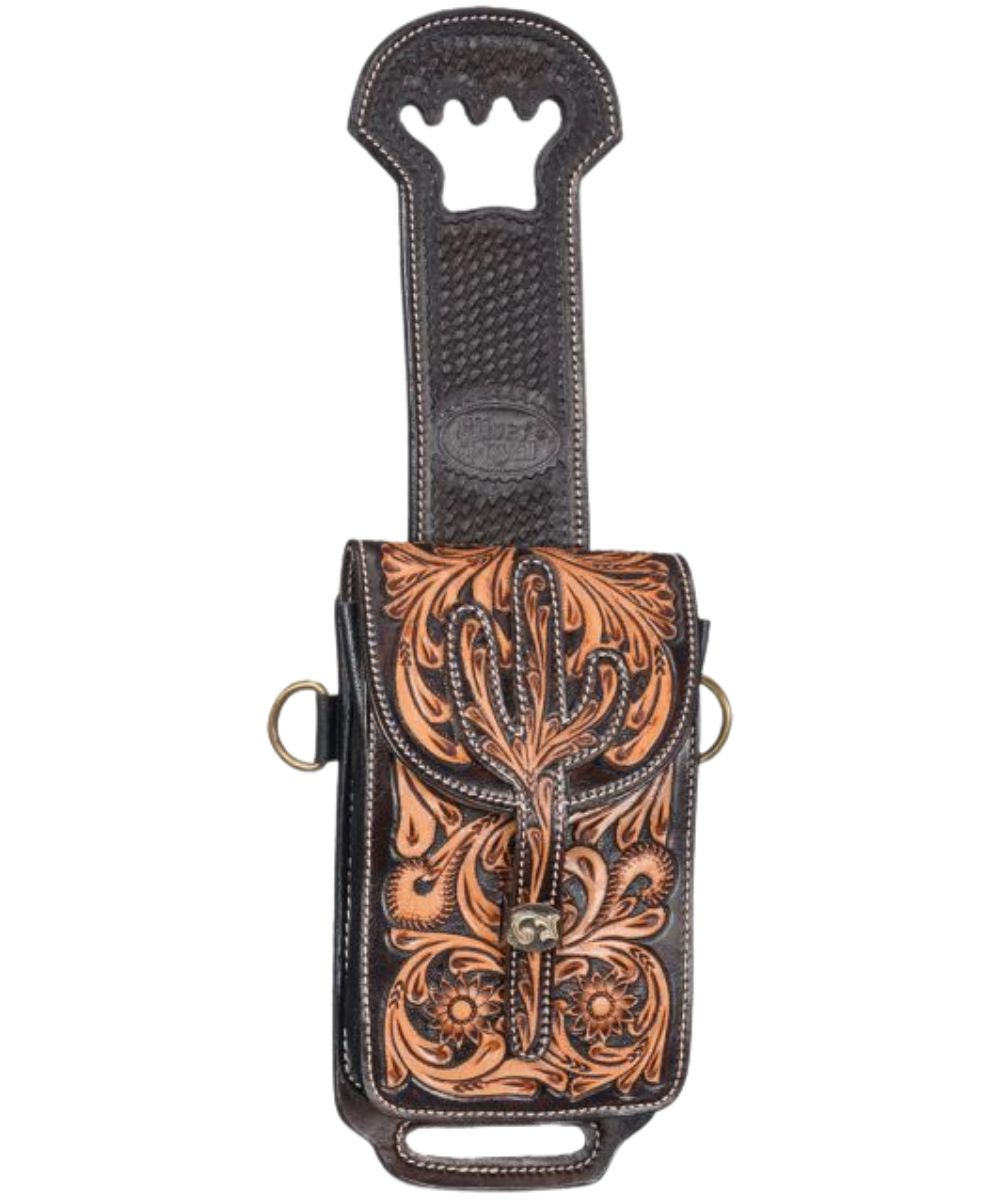 Front view of the leather Tough1 rear cinch/horn bag in tooled leather 