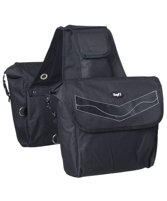 Extra-large nylon saddle bag by Tough1 featuring insulated side pouches with secure closure and 2 smaller pockets.