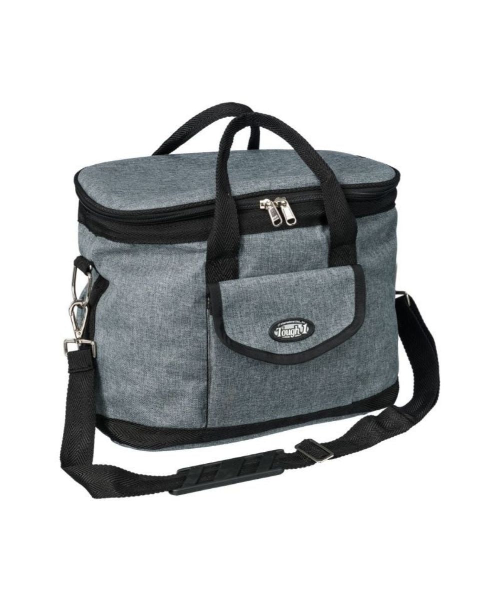 A gray heathered cooler bag with black trim, dual top handles, a front pocket with a logo badge, and a detachable shoulder strap, shown on a plain white background.