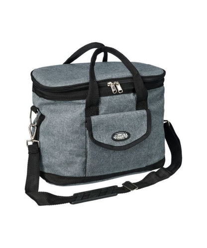 A gray heathered cooler bag with black trim, dual top handles, a front pocket with a logo badge, and a detachable shoulder strap, shown on a plain white background.