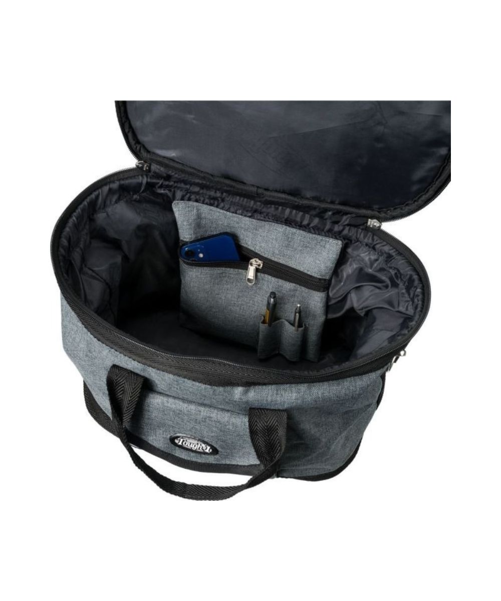 An open gray and black canvas gear bag with an interior organizer pocket holding a blue item and pens, shown on a white background.