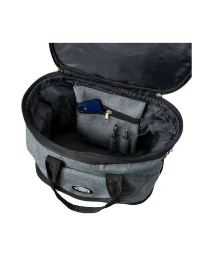 An open gray and black canvas gear bag with an interior organizer pocket holding a blue item and pens, shown on a white background.