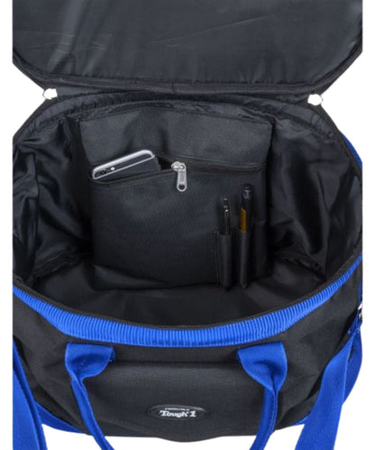 Interior view of the royal blue case featuring the interior zip pocket and pen slots