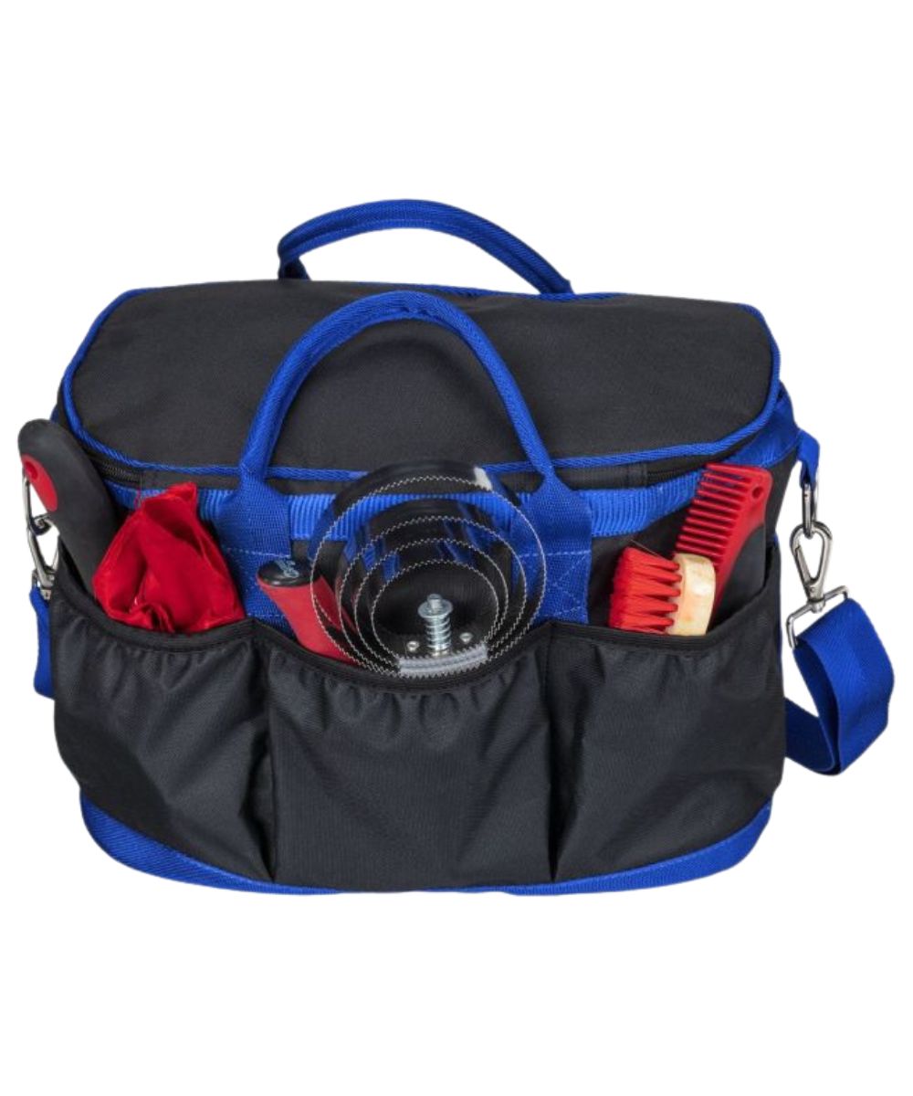 Back view of the royal blue multi-purpose case featuring the exterior storage pockets