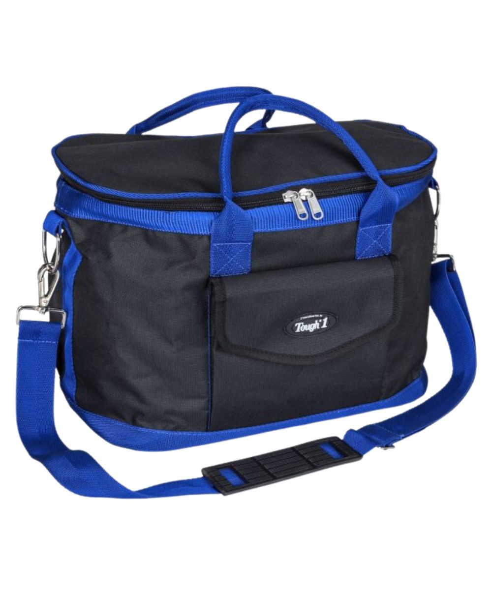 Front view of the royal blue Tough1 Helmet/Grooming/Overnight Case featuring the front exterior pocket, zip closure, carrying handles, and a removable/adjustable shoulder strap