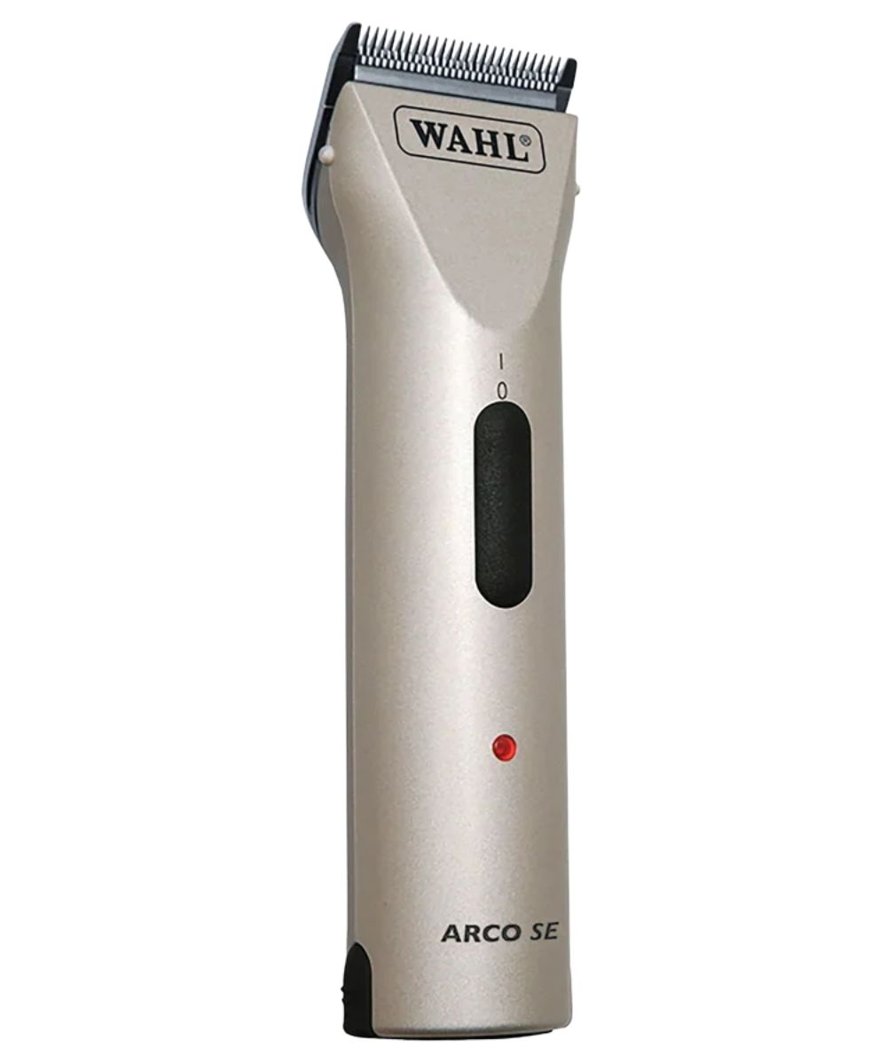 A Wahl Arco SE cordless hair clipper in metallic silver with black accents, including the clipper head, power button window, and base. The Wahl logo is clearly visible on the front of the clipper.