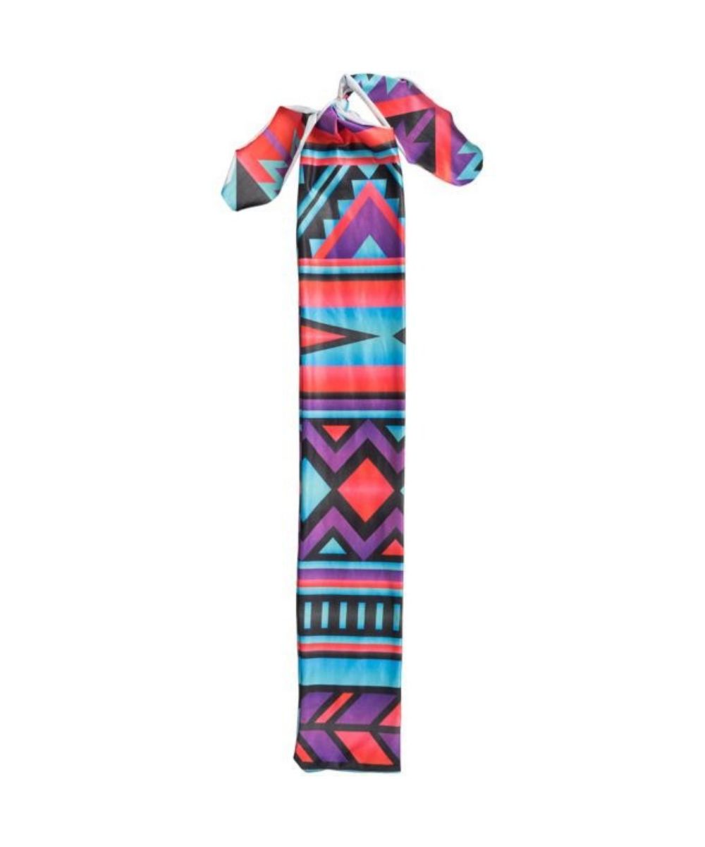 A printed tail bag with a purple, pink, and turquoise aztec design