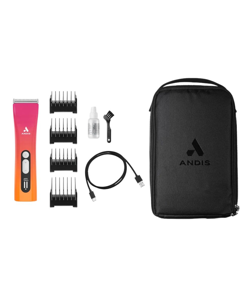 An ANDIS electric hair trimmer kit laid out on a white background, including a pink-to-orange trimmer, four black clipper blade attachments, a small blade oil bottle, a blade brush, a USB charging cable, and a black zippered carrying case with the ANDIS logo.