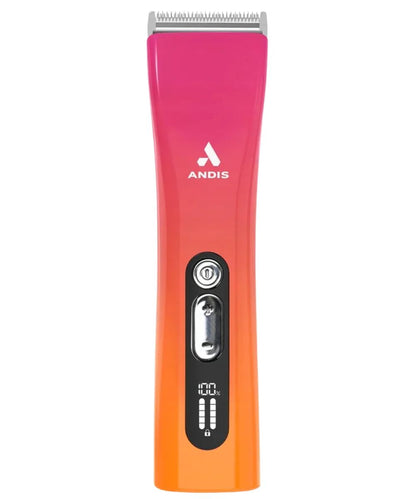 An ANDIS cordless hair clipper with a vibrant pink-to-orange gradient body and a silver metal blade