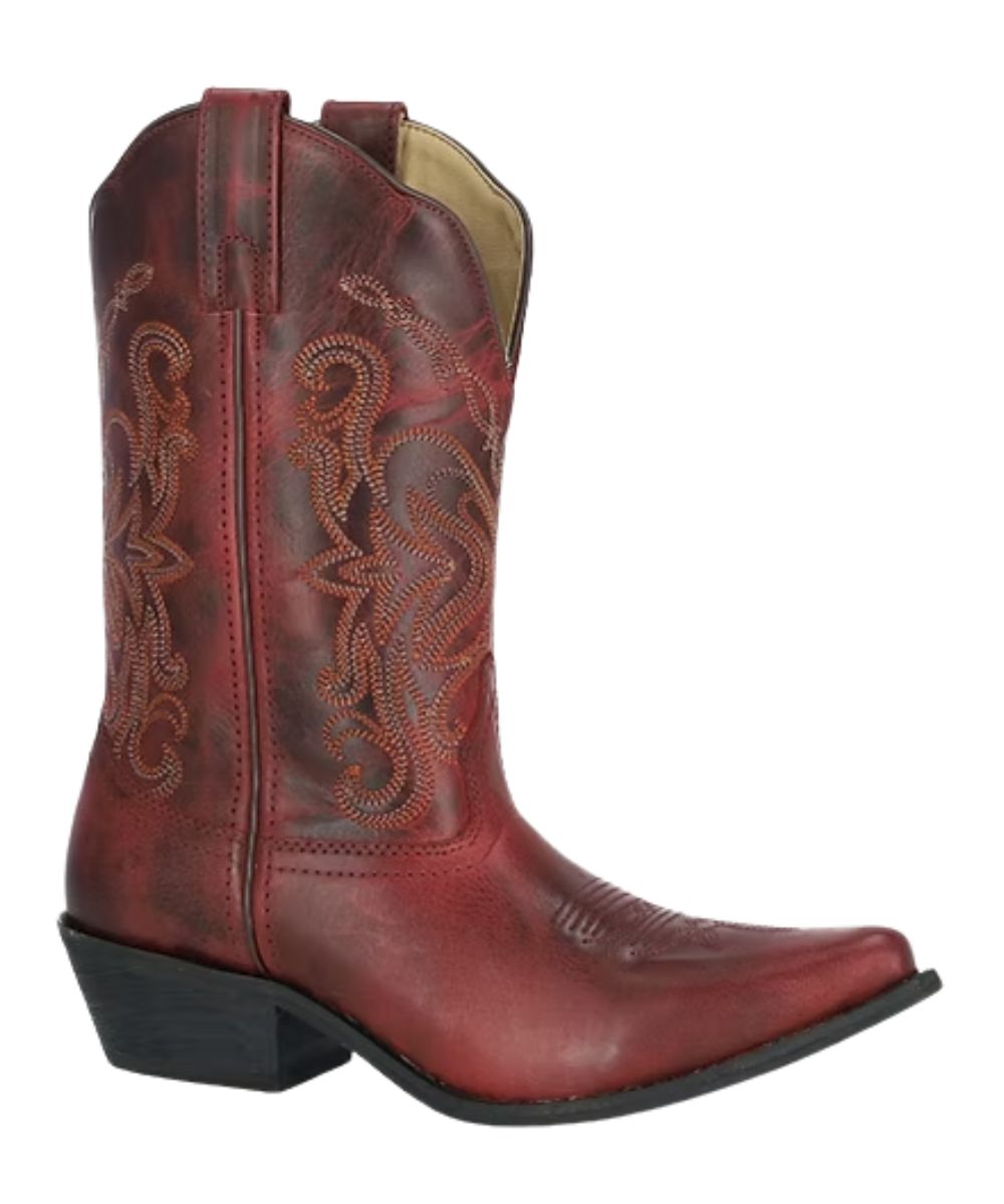 Right angled view of the women's Smoky Mountain Distressed Red Leather Boot featuring the snip toe