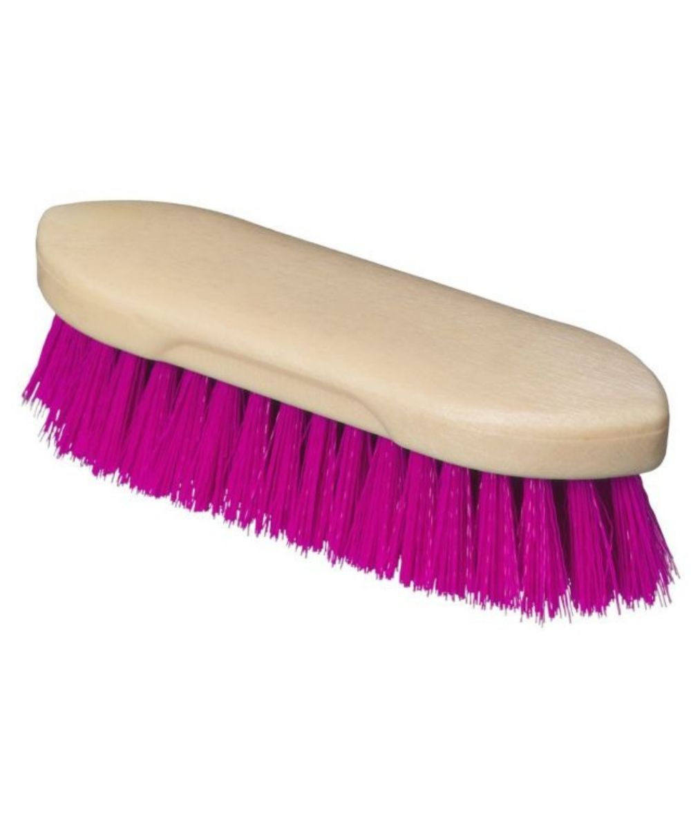 A horse grooming brush with a light beige handle and bright magenta-pink bristles, shown against a plain white background.