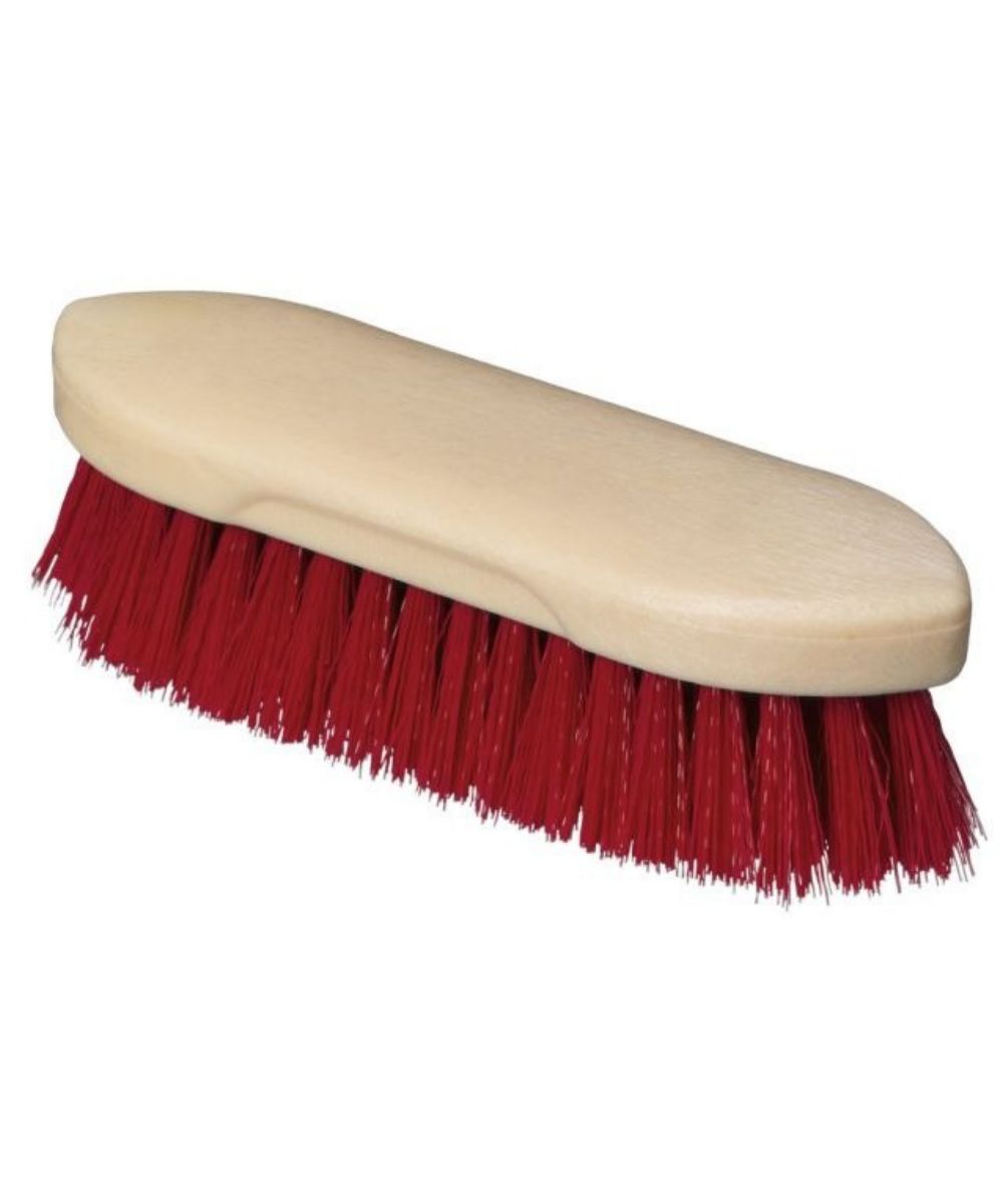 A grooming brush with a light beige plastic handle and dark red bristles, shown against a plain white background.