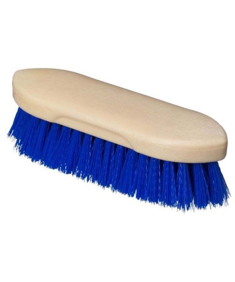 A cleaning brush with a light beige plastic handle and bright blue bristles, shown on a plain white background.