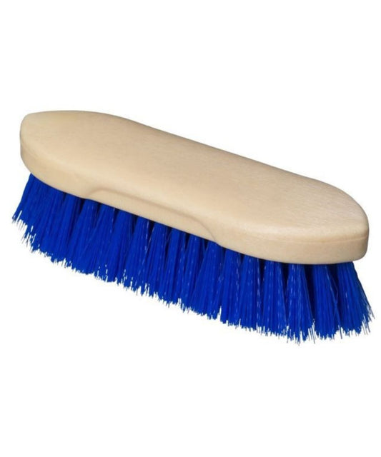 A cleaning brush with a light beige plastic handle and bright blue bristles, shown on a plain white background.