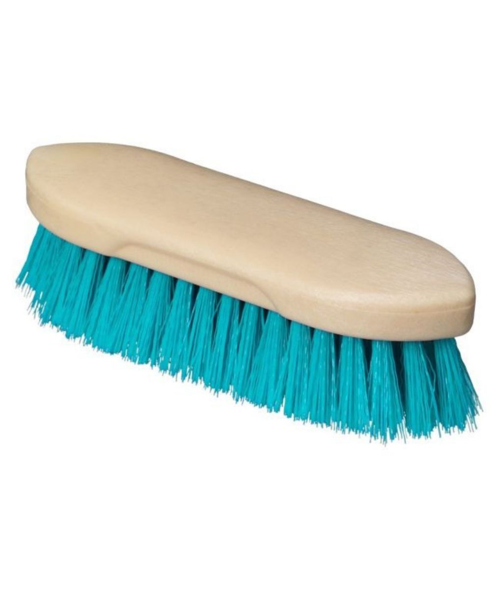 A grooming brush with a light beige plastic handle and bright turquoise blue bristles, shown against a plain white background.