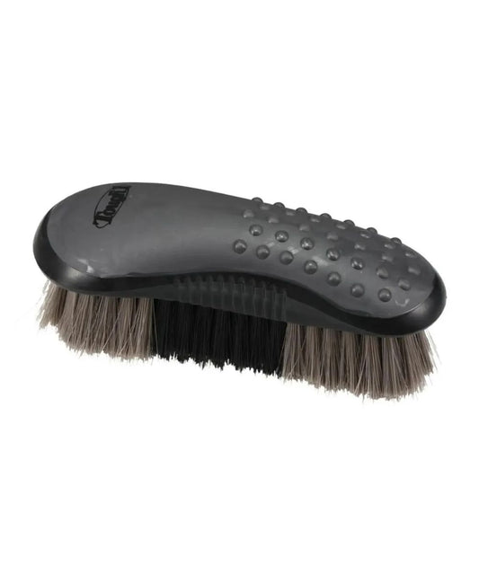 A dark gray pet grooming brush with a textured handle and dual-tone black and brown bristles, shown on a plain white background.