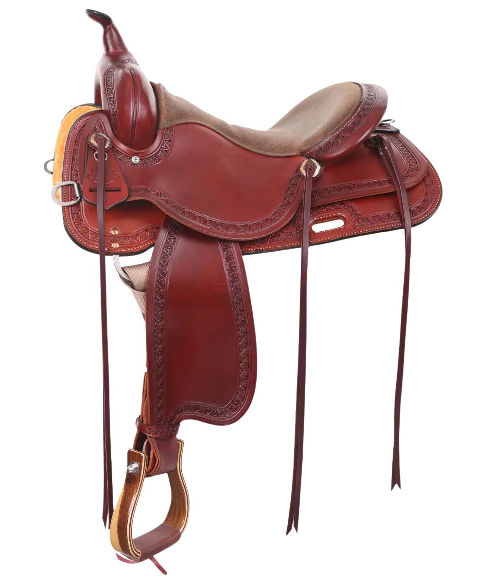 Circle Y Dusty Road Trail Saddle featuring the chestnut leather construction, 6 saddle strings, double-padded grainout seat, pre-turned fenders, and two-tone wood stirrups