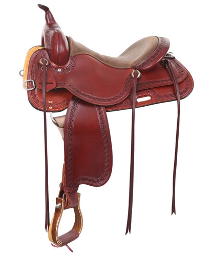 Circle Y Dusty Road Trail Saddle featuring the chestnut leather construction, 6 saddle strings, double-padded grainout seat, pre-turned fenders, and two-tone wood stirrups