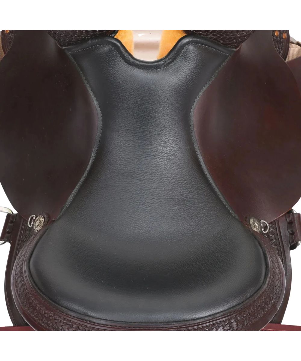 Close-up view of the black 16" leather padded seat